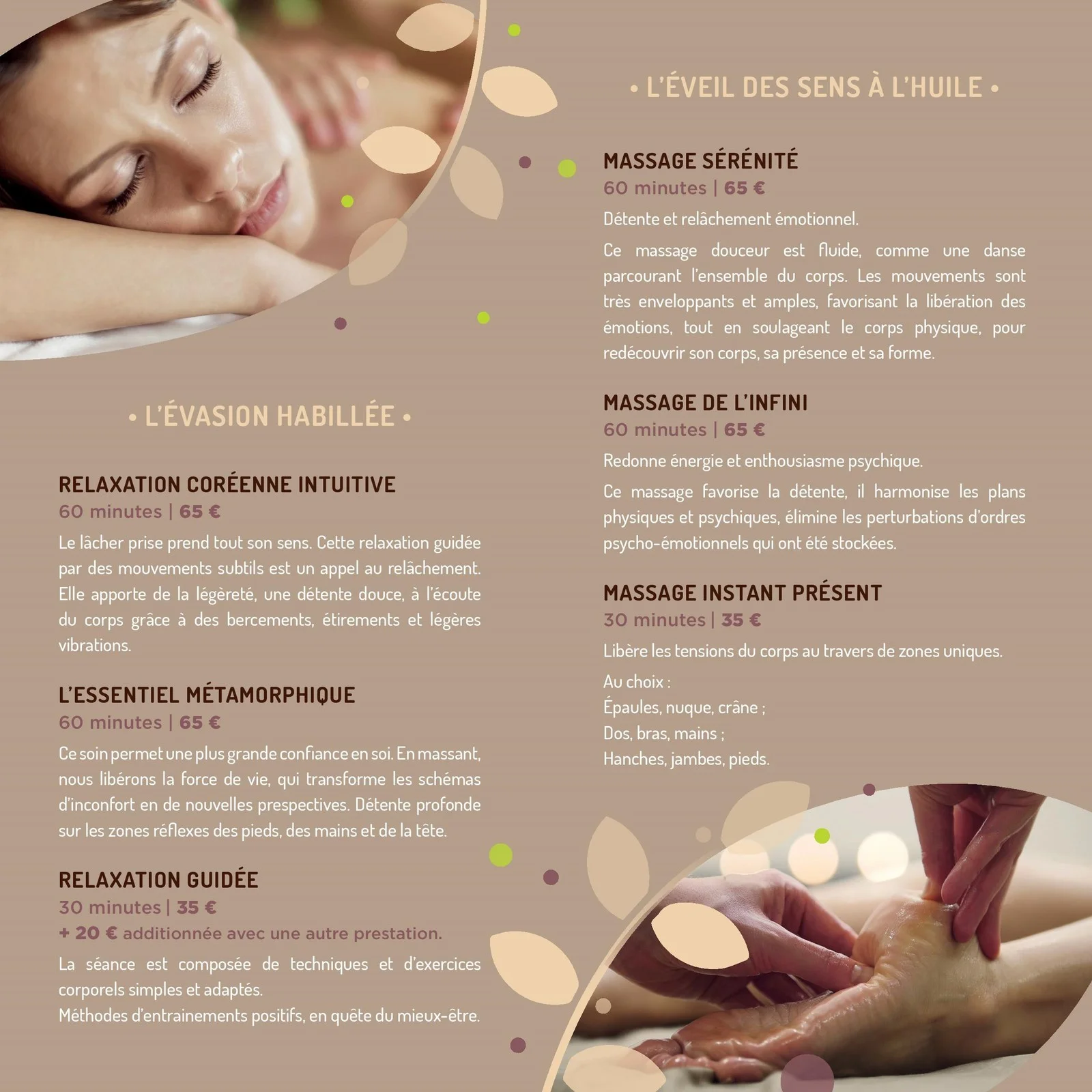 Carte des soins massages